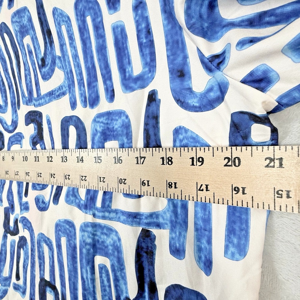 NWOT Geometric Women's Dress Large Mixed Print Blue Colorful Snap Buttons Ruffle - Picture 5 of 7